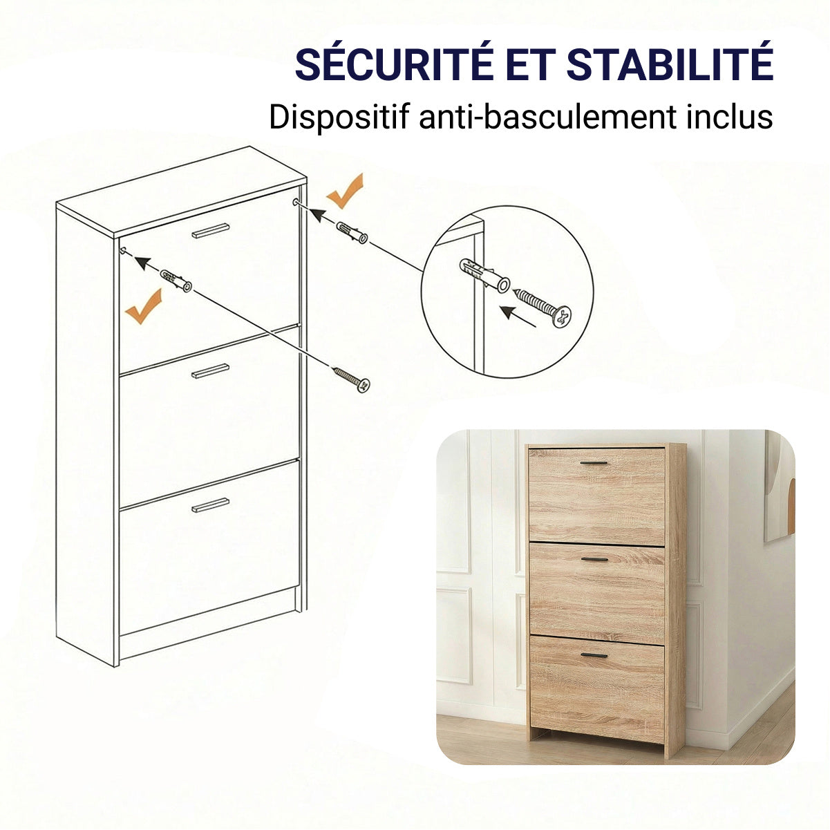 Meuble à chaussures avec 3 compartiments à abattant, armoire de rangement en bois pour jusqu'à 18 paires, organisateur d'entrée peu encombrant