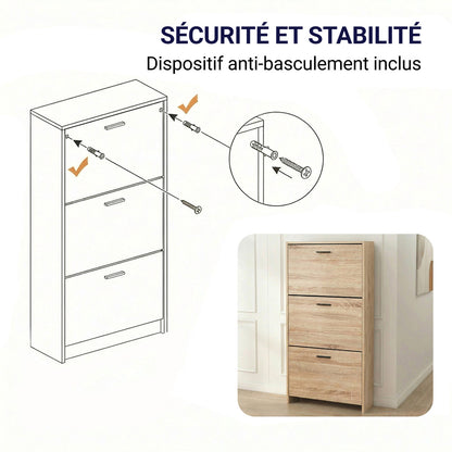 Meuble à chaussures avec 3 compartiments à abattant, armoire de rangement en bois pour jusqu'à 18 paires, organisateur d'entrée peu encombrant