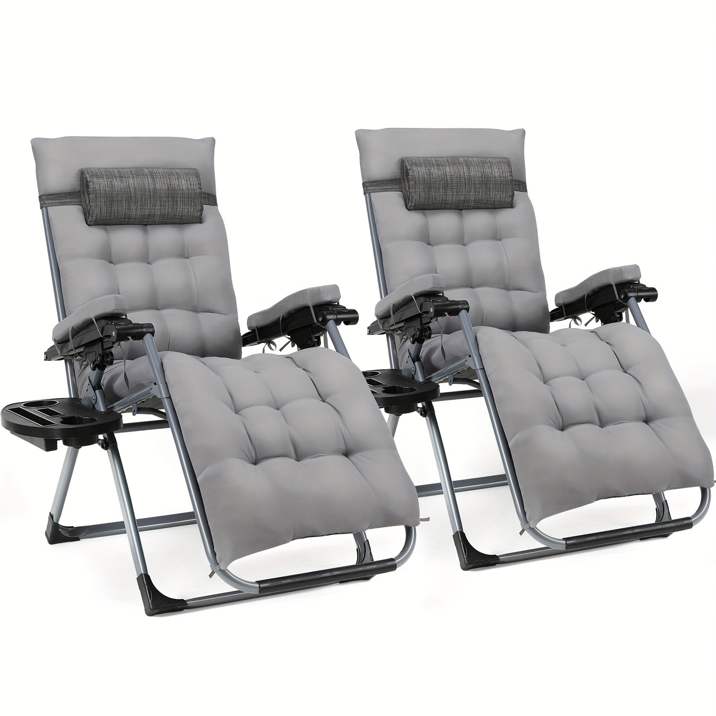 2 fauteuils d'extérieur, en tissu Teslin avec coussin de siège amovible, chaise de camping pliable, chaise de balcon, avec oreiller et porte-gobelet, capacité de poids 160 kg, gris/noir