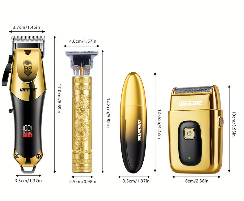 WEEME Ensemble de 4 tondeuses à cheveux électriques dorées pour hommes, outils de toilettage à domicile comprenant une tondeuse à cheveux électrique, un rasoir, un tondeuse à poils de nez et un tondeuse de précision, parfait pour la maison, la voiture ou