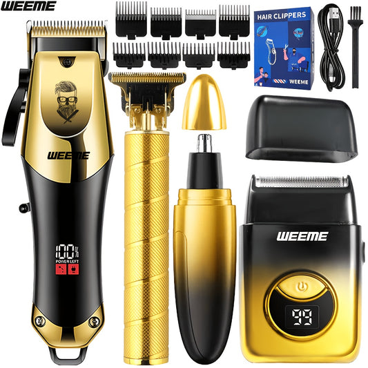 WEEME Ensemble de 4 tondeuses à cheveux électriques dorées pour hommes, outils de toilettage à domicile comprenant une tondeuse à cheveux électrique, un rasoir, un tondeuse à poils de nez et un tondeuse de précision, parfait pour la maison, la voiture ou