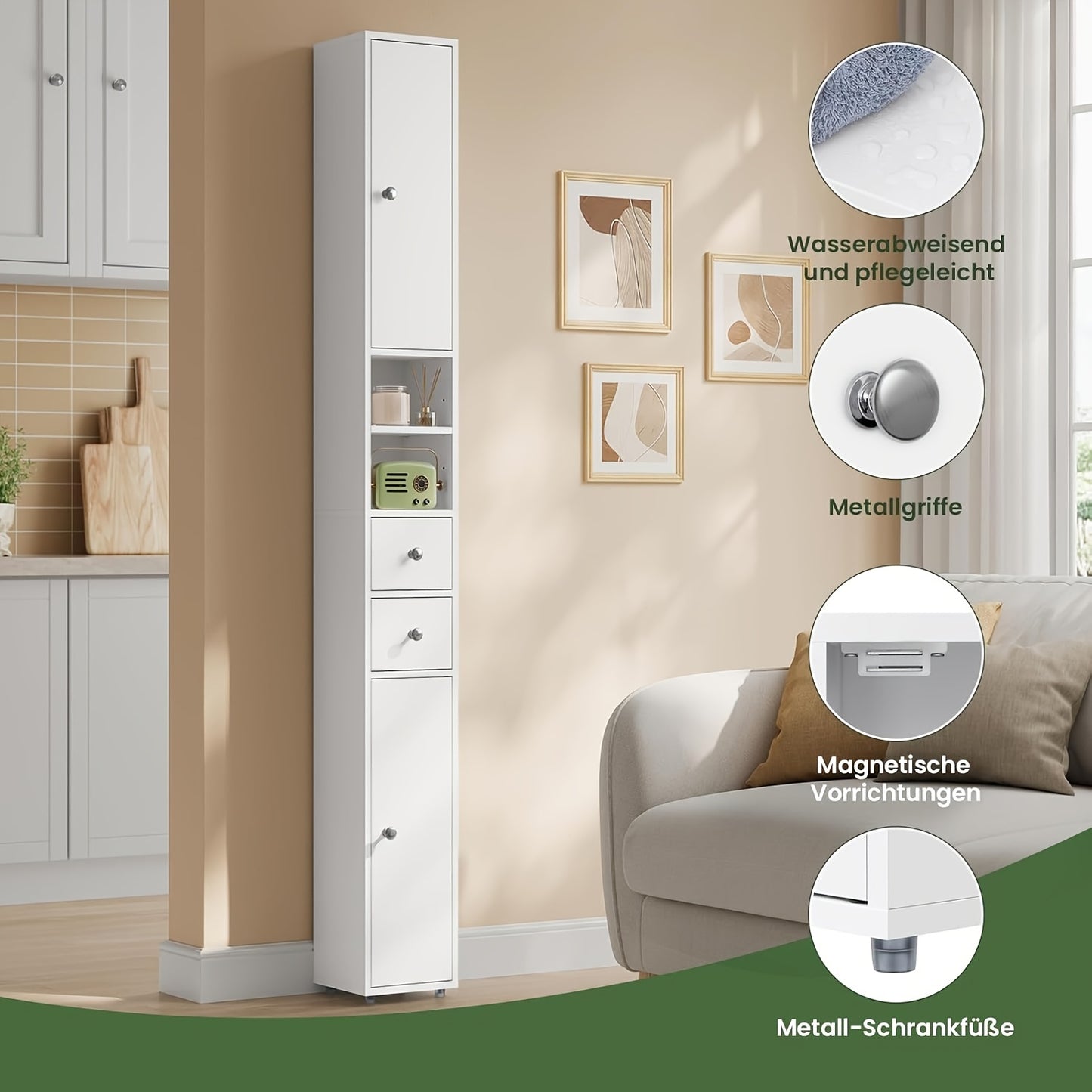 1pièce Armoire de salle de bain, Armoire de salle de bain étroite et haute avec tiroirs, Compartiments de meubles de salle de bain, Étagères ajustables, Portes, Blanc, MDF, 20 x 180 x 20 cm