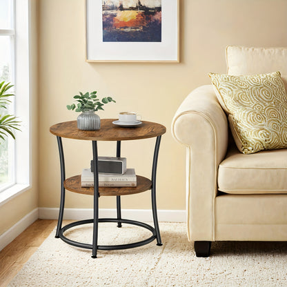 Table d'appoint compacte avec deux étagères, design rond idéal pour salons et chambres, facile à assembler, avec une structure en acier d'un style industriel