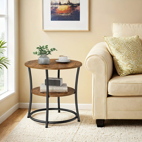 Table d'appoint compacte avec deux étagères, design rond idéal pour salons et chambres, facile à assembler, avec une structure en acier d'un style industriel