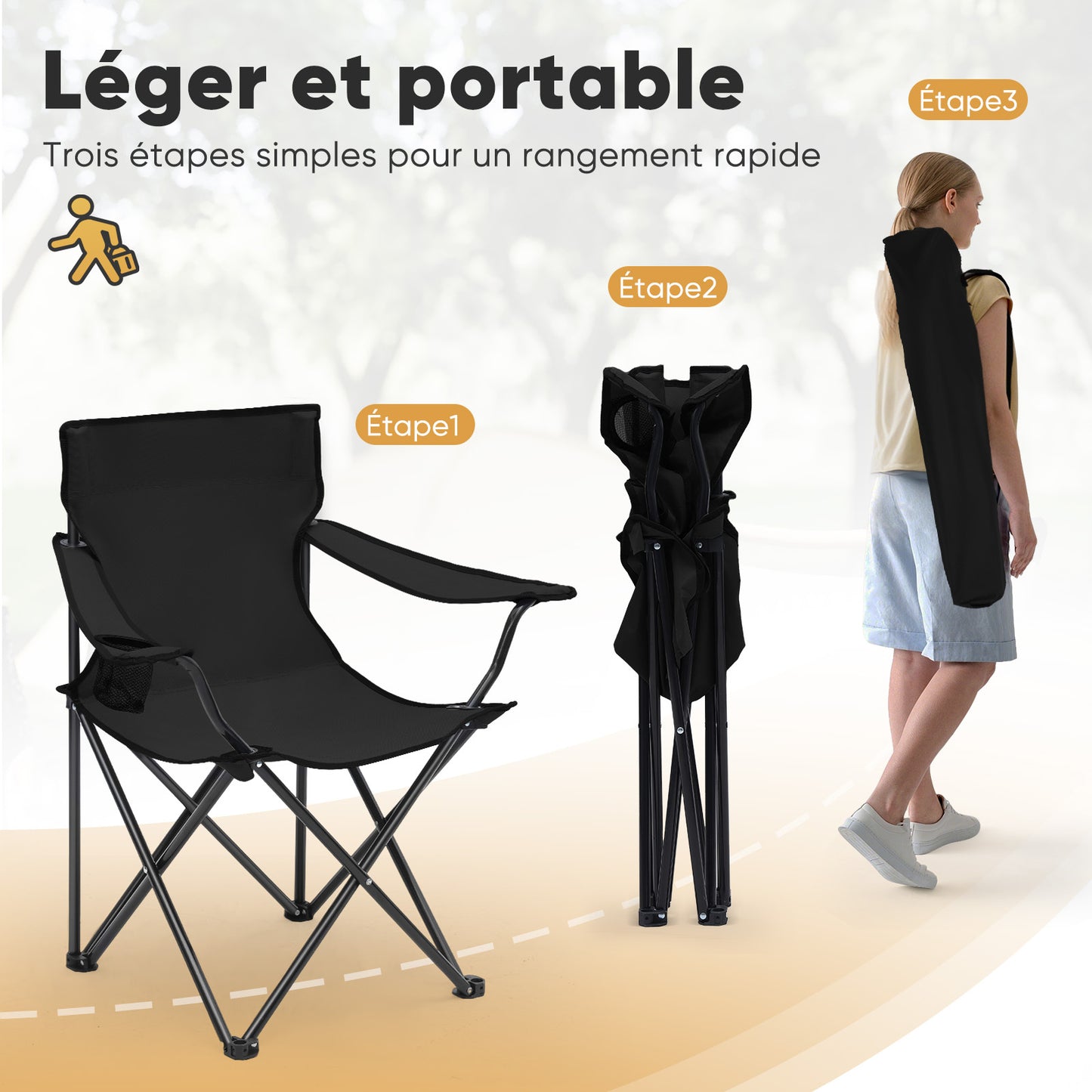 Chaise de jardin pliante Sunula, capacité 140 kg, chaise pliante d'extérieur stable avec porte-gobelet, tissu Oxford 600D, pour patio, balcon, terrasse, jardin - Sac de transport assorti inclus (1/2 pcs)