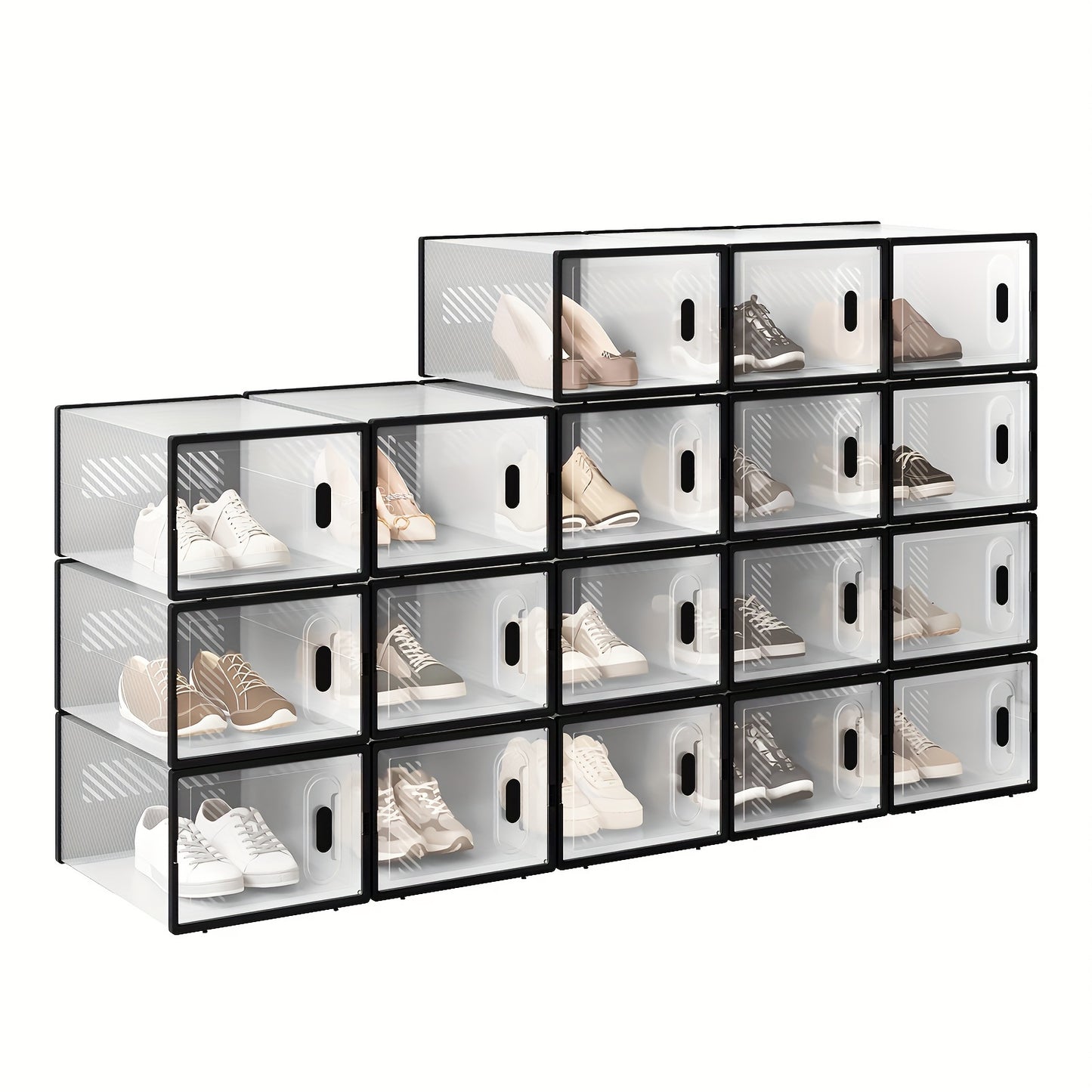 Boîte à chaussures empilable, Boîte à chaussures avec porte magnétique, Boîte en plastique pour rangement de chaussures, Organisateur de chaussures pliable pour tailles inférieures à 42, 35X19X25 Cm