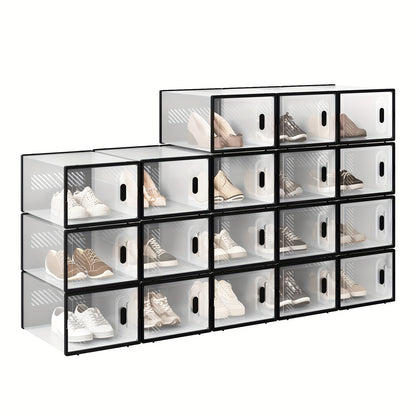 Boîte à chaussures empilable, Boîte à chaussures avec porte magnétique, Boîte en plastique pour rangement de chaussures, Organisateur de chaussures pliable pour tailles inférieures à 42, 35X19X25 Cm