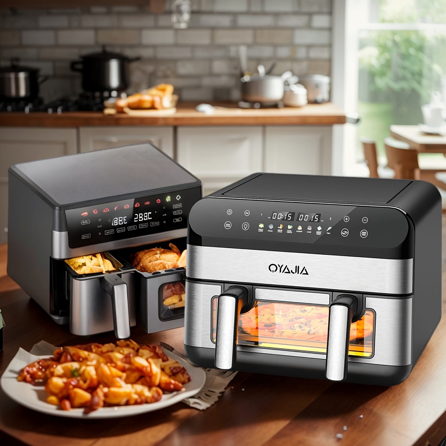 Friteuse à air 10/11L avec deux paniers flexibles, écran tactile numérique, 8 modes de cuisson, température réglable, fenêtre de visualisation, lavable au lave-vaisselle et technologie de cuisson saine pour les familles et la préparation des repas