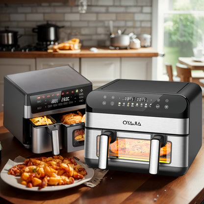Friteuse à air 10/11L avec deux paniers flexibles, écran tactile numérique, 8 modes de cuisson, température réglable, fenêtre de visualisation, lavable au lave-vaisselle et technologie de cuisson saine pour les familles et la préparation des repas