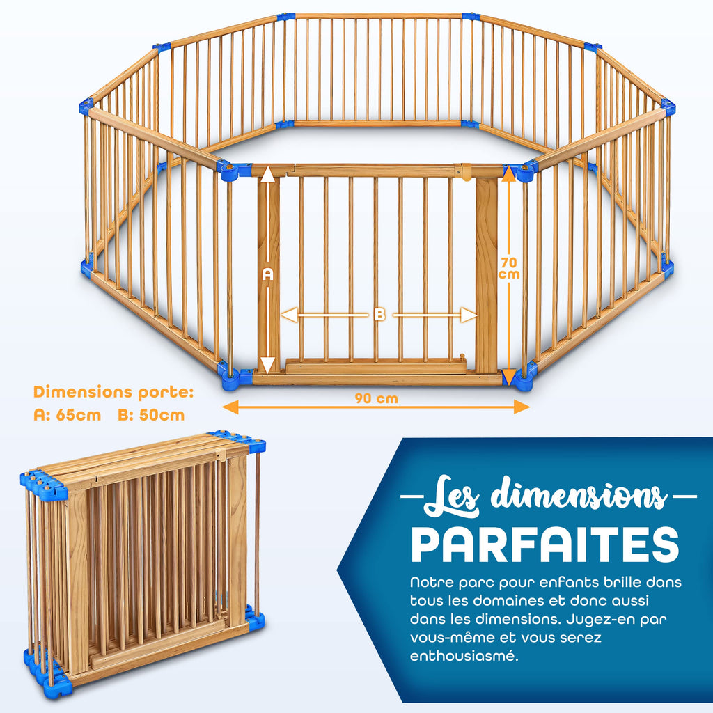 KIDUKU® Parc bébé pliable XXL de 7,2 mètres avec porte | Parc en bois avec double sécurité | Parc pliable pour enfants avec 8 éléments