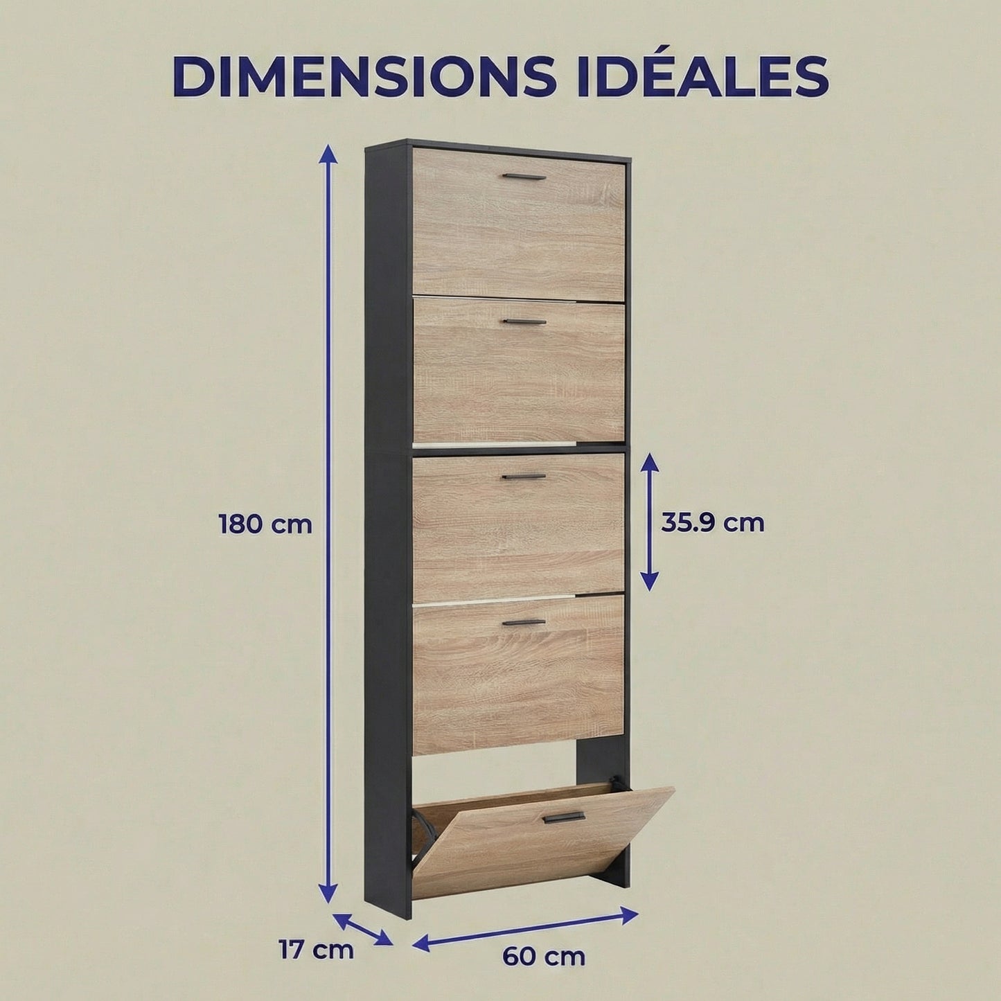 Meuble à chaussures fin avec 5 compartiments à rabat, armoire à chaussures en bois pour jusqu'à 15 paires, organisateur d'entrée peu encombrant