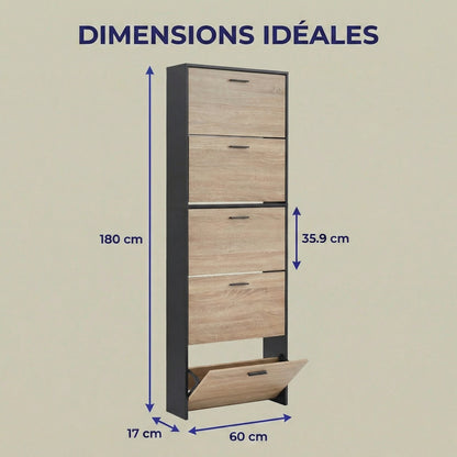 Meuble à chaussures fin avec 5 compartiments à rabat, armoire à chaussures en bois pour jusqu'à 15 paires, organisateur d'entrée peu encombrant