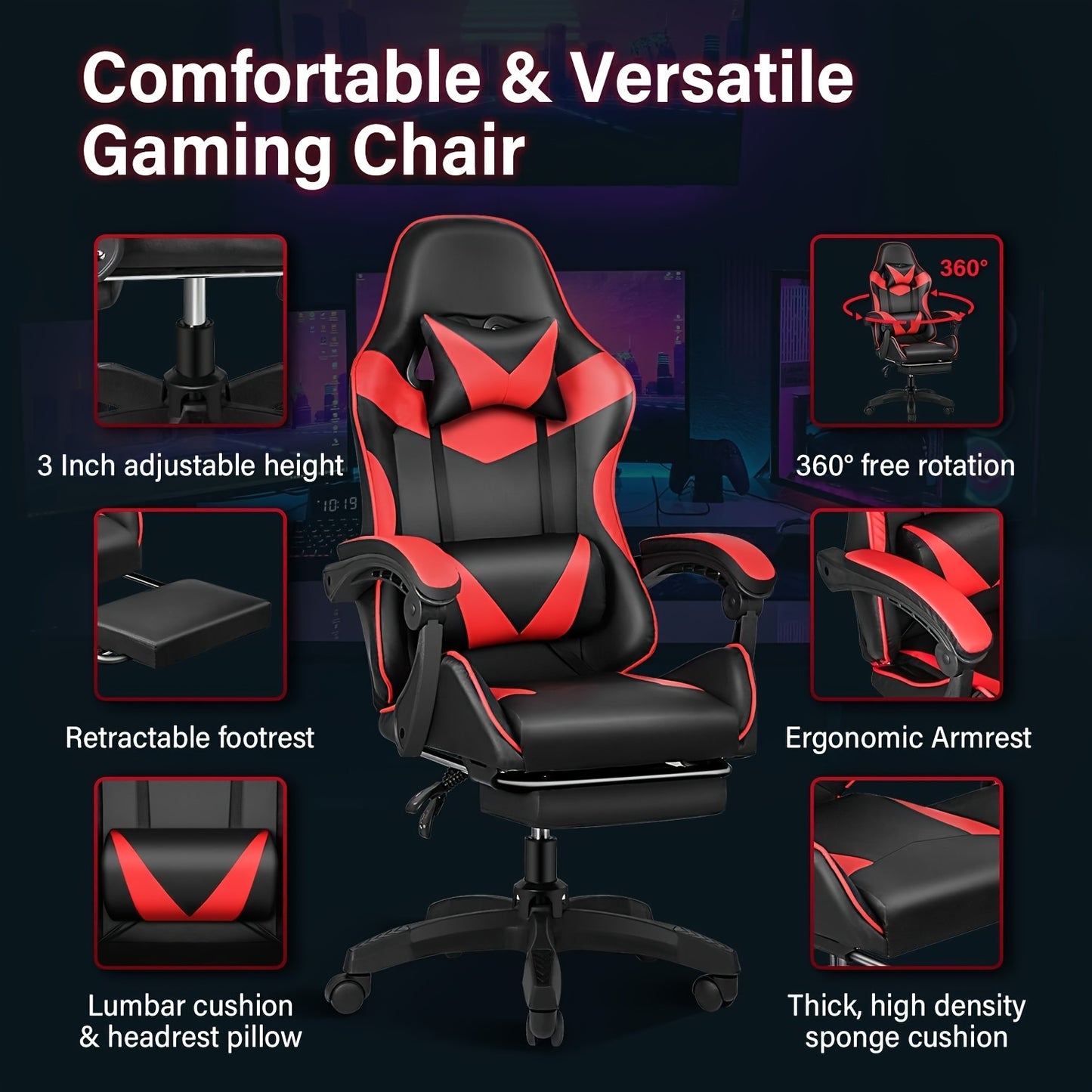 Fauteuil de gaming ergonomique avec repose-pieds - Fauteuil inclinable robuste à hauteur réglable, pivotant à 360° et avec support lombaire, mécanisme d'inclinaison manuel, options de couleur noir/rouge/blanc, texture imitation, rembourrage en mousse et c