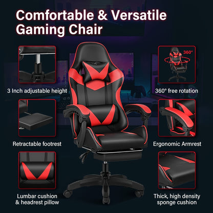 Fauteuil de gaming ergonomique avec repose-pieds - Fauteuil inclinable robuste à hauteur réglable, pivotant à 360° et avec support lombaire, mécanisme d'inclinaison manuel, options de couleur noir/rouge/blanc, texture imitation, rembourrage en mousse et c