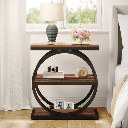Table d'Appoint Étroite Industrielle Moderne à 3 Niveaux pour Canapé - Conception Gain de Place avec 3 Étagères de Rangement, Finition Chêne et Noir, Cadre Robuste en MDF E1 et Métal, Montage Facile pour Salon, Chambre ou Entrée
