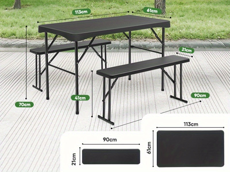 Ensemble de jardin de bière pliable 110 cm (table et 2 bancs), plastique PP robuste avec surface antidérapante, capacité de charge de 200 kg, résistant à la rouille, poignées portables, idéal pour une utilisation intérieure/extérieure pour les réunions de
