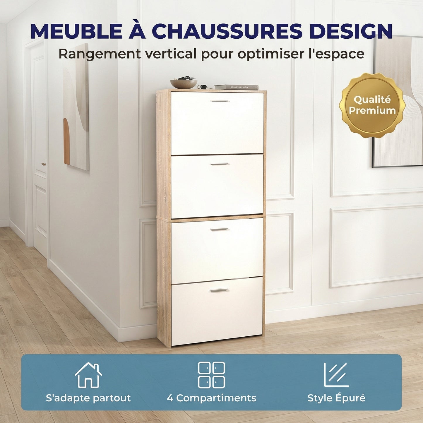 Meuble à chaussures avec 4 compartiments à rabat, armoire à chaussures en bois pour jusqu'à 24 paires, organisateur d'entrée peu encombrant