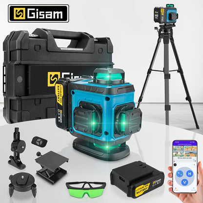 Niveau laser 4D vert Gisam 16 lignes avec trépied et contrôle par application, 4 x 360° auto-nivellement horizontal vertical croisé, outil de construction haute précision avec batterie lithium rechargeable, pour rénovation domicile et projets d'ingénierie