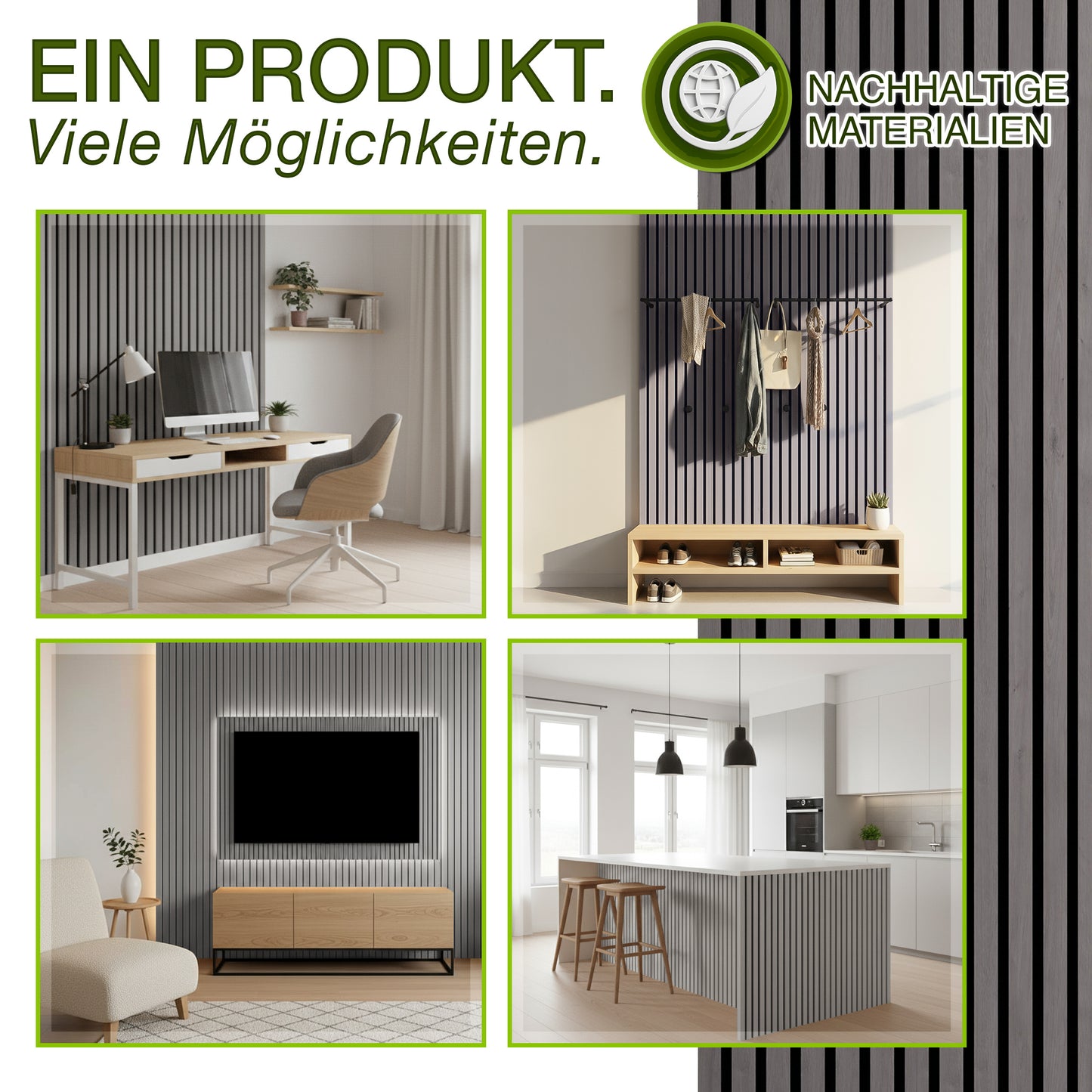 TRESKO® Panneaux Acoustiques Bois 120×60 Cm Ensemble avec Crochets de Porte | Revêtement Mural Intérieur Comme Mur à Lattes 3D | Panneaux de Bois pour Insonorisation | Ensemble de Montage de Panneaux Muraux Acoustiques pour Murs