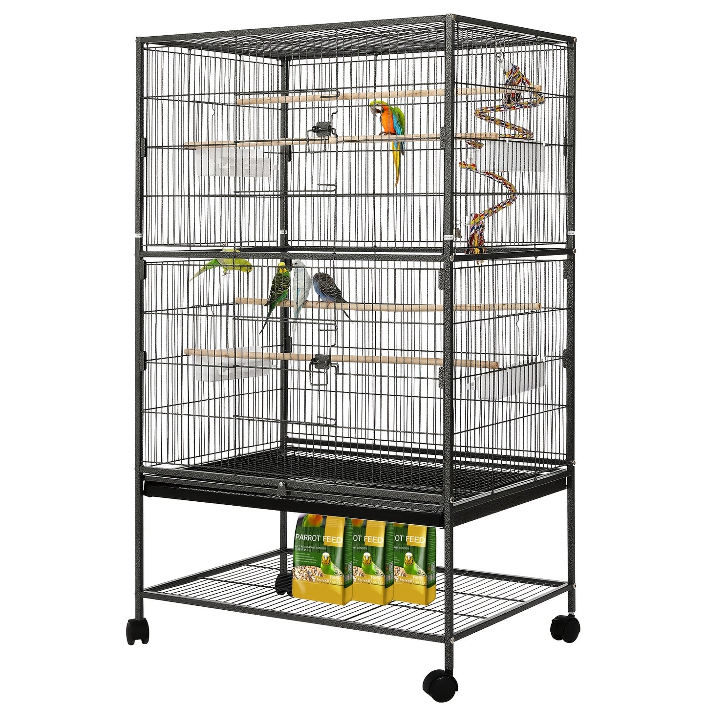 Grande cage à oiseaux, cage à oiseaux en métal, cage à oiseaux avec 4 roues, cage pour perruches avec bol de nourriture, jouet pour cage, balançoire à sauter pour oiseaux avec 2 portes et 4 barres en bois, 132 x 78 x 52 cm