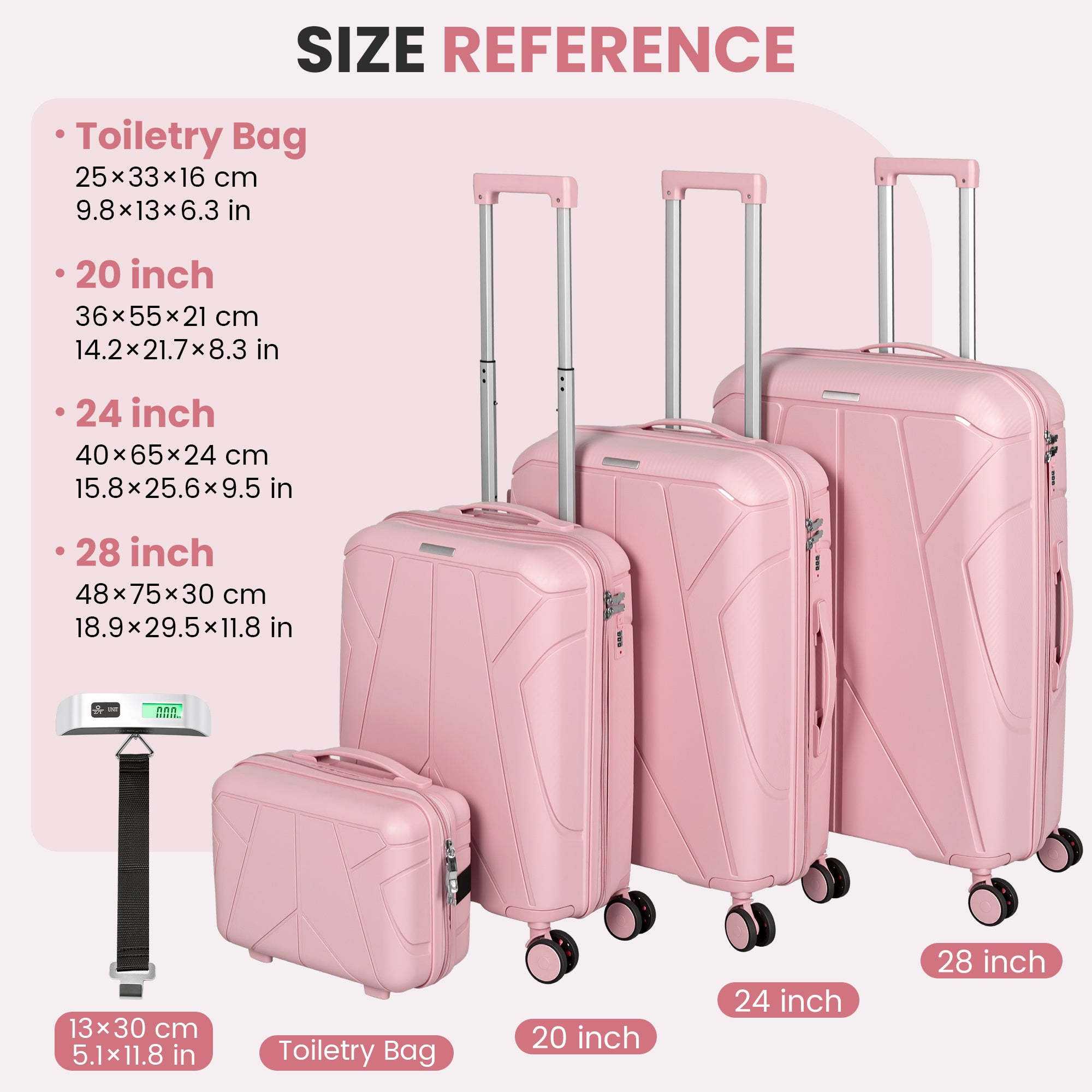Ensemble de 4 valises rigides avec balance de bagage gratuite – Valise 20/24/28 pouces + Valise à main – Valises de voyage légères à coque rigide – Roues pivotantes à 360° – Serrure TSA – Bagage à main et enregistré – ABS – Pour femmes, hommes, famille, v