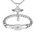Bijoux assortis pour couple : Collier clé à ailes en forme de cœur pour femme, Bracelet cadenas cubain pour homme - Collier bracelet robuste en acier inoxydable