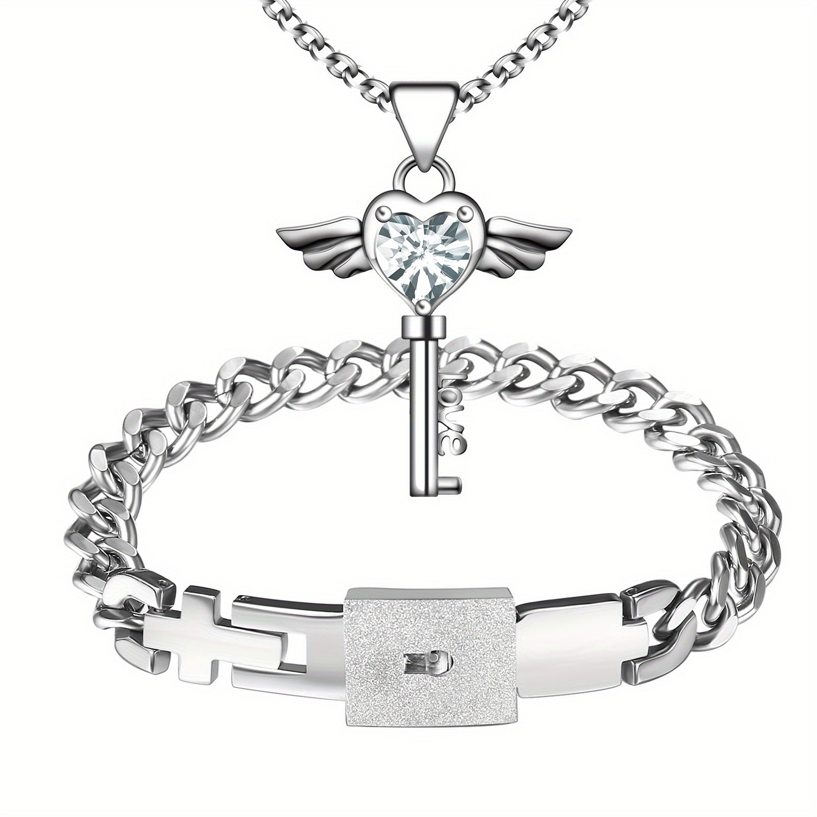 Bijoux assortis pour couple : Collier clé à ailes en forme de cœur pour femme, Bracelet cadenas cubain pour homme - Collier bracelet robuste en acier inoxydable
