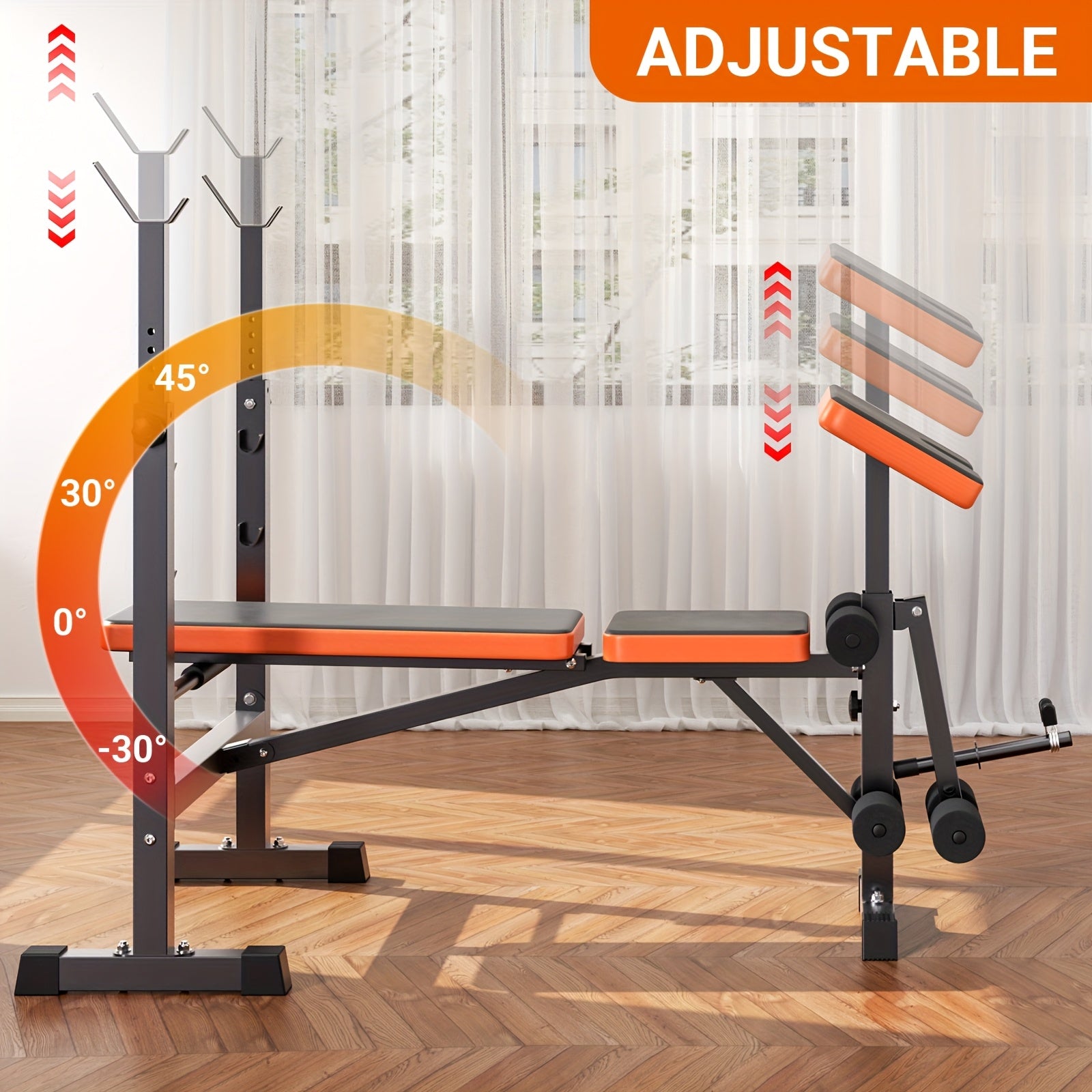 Ensemble de banc de musculation à poids réglable pesant 272.16 KG, comprenant un support de squat, un banc d'entraînement avec développeur de jambes et un preacher curl, conçu pour une utilisation en salle de sport à domicile en noir et orange
