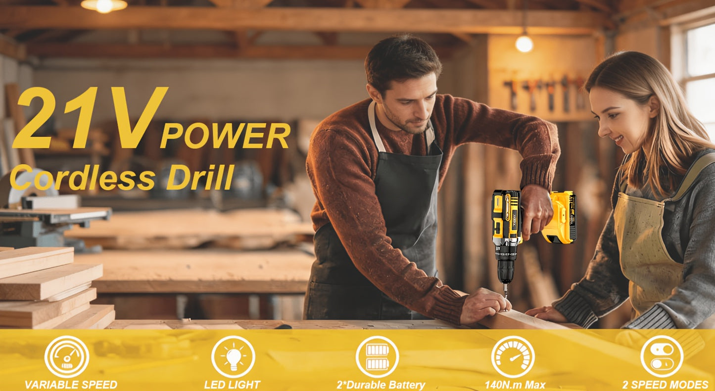 Ensemble de perceuse à lithium portative 21V, combinaisons multiples de forets pour perceuse, conception de prise ergonomique, équipé d'une fonction d'impact électrique au lithium 21V, adapté au perçage du bois et de l'acier, un outil pratique indispensab