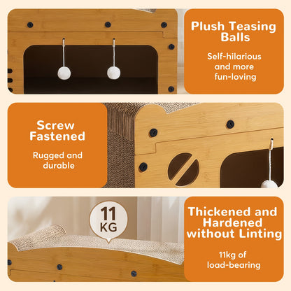 Grande maison pour chat avec poteaux à griffer, panier de transport et griffoir 3-en-1 en carton pour aiguiser les griffes, se cacher et se reposer, pompon intégré pour jouer, construction durable et robuste & facile à assembler, supporte jusqu'à 11 kg, c