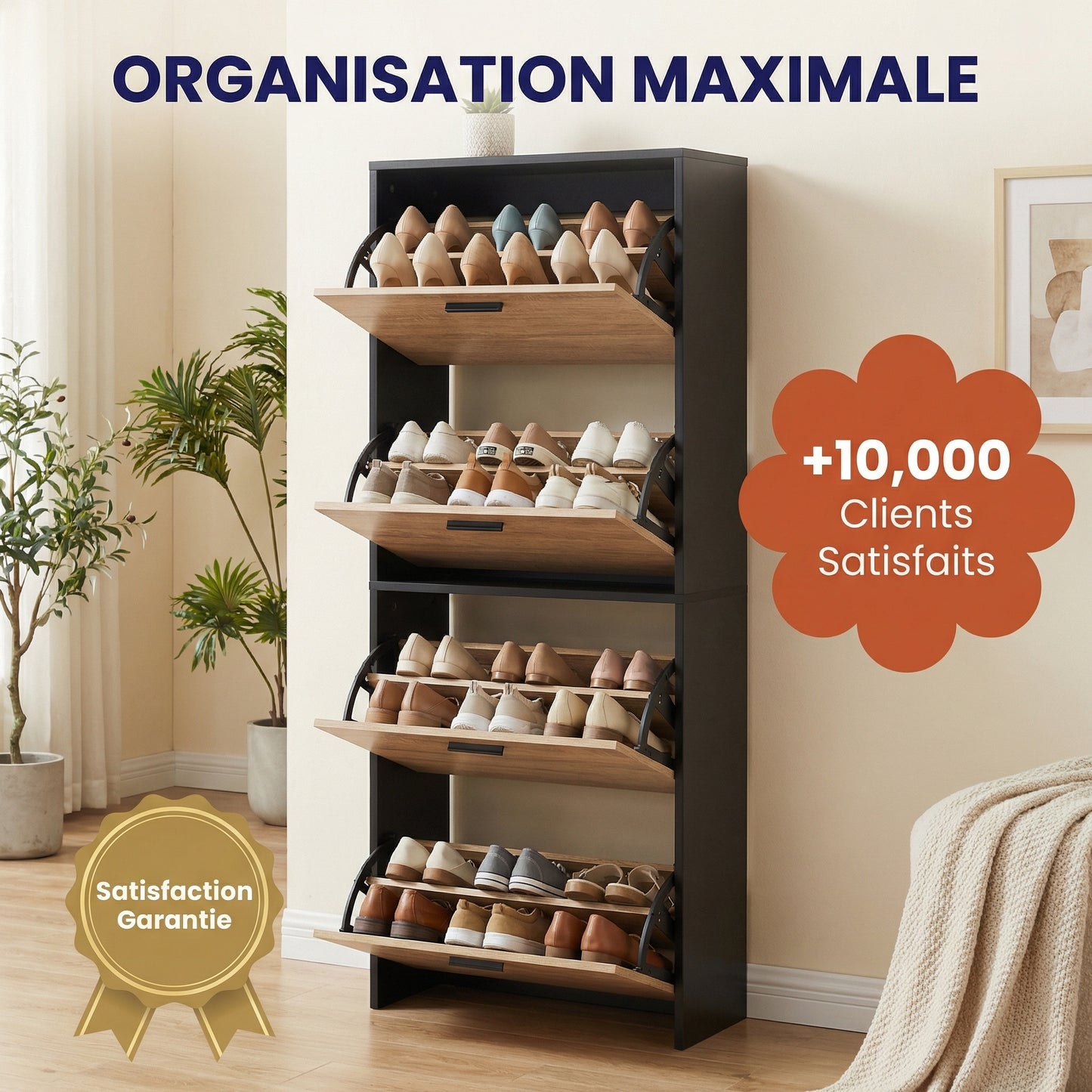 Meuble à chaussures avec 4 compartiments à rabat, armoire à chaussures en bois pour jusqu'à 24 paires, organisateur d'entrée peu encombrant