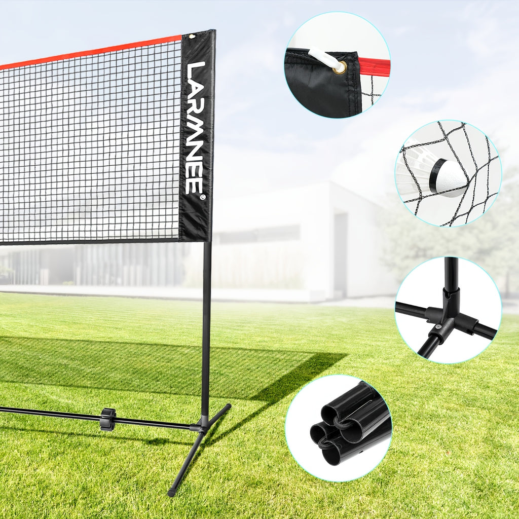 Filet de badminton de 5 mètres avec trois hauteurs réglables pour répondre à différents besoins, adapté à divers sports, tube en métal doré robuste, structure stable sans tremblement, filet PE durable, facile à assembler