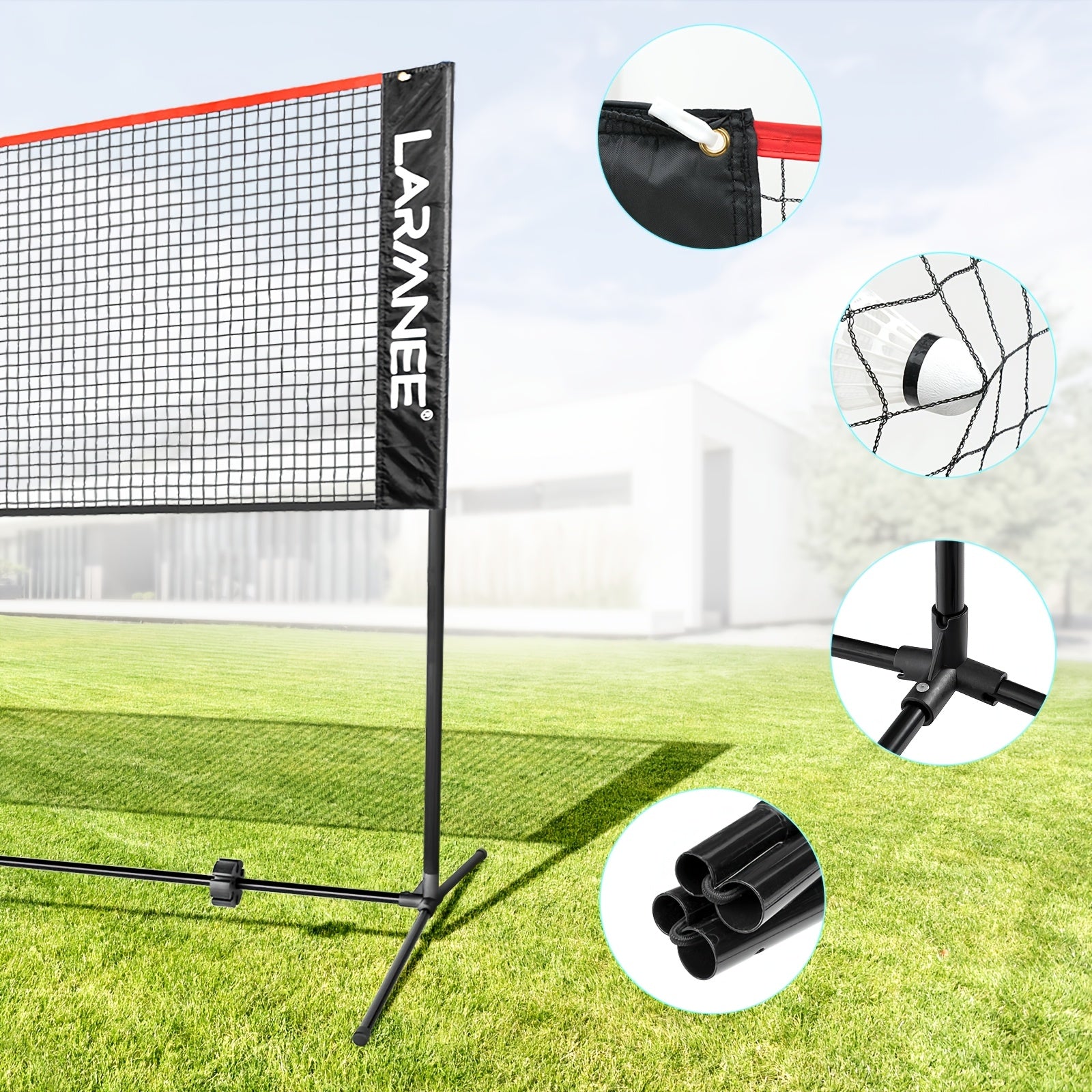Filet de badminton de 5 mètres avec trois hauteurs réglables pour répondre à différents besoins, adapté à divers sports, tube en métal doré robuste, structure stable sans tremblement, filet PE durable, facile à assembler
