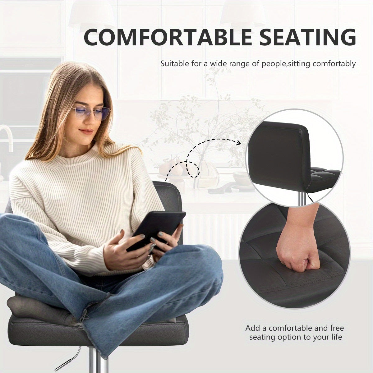 Ensemble de 2 tabourets de bar, tabourets de bar pivotants réglables en cuir PU, chaise de réception, tabourets de comptoir modernes avec dossier et repose-pieds, tabourets de bar de hauteur de comptoir adaptés pour bureau, bar, cuisine, salle à manger