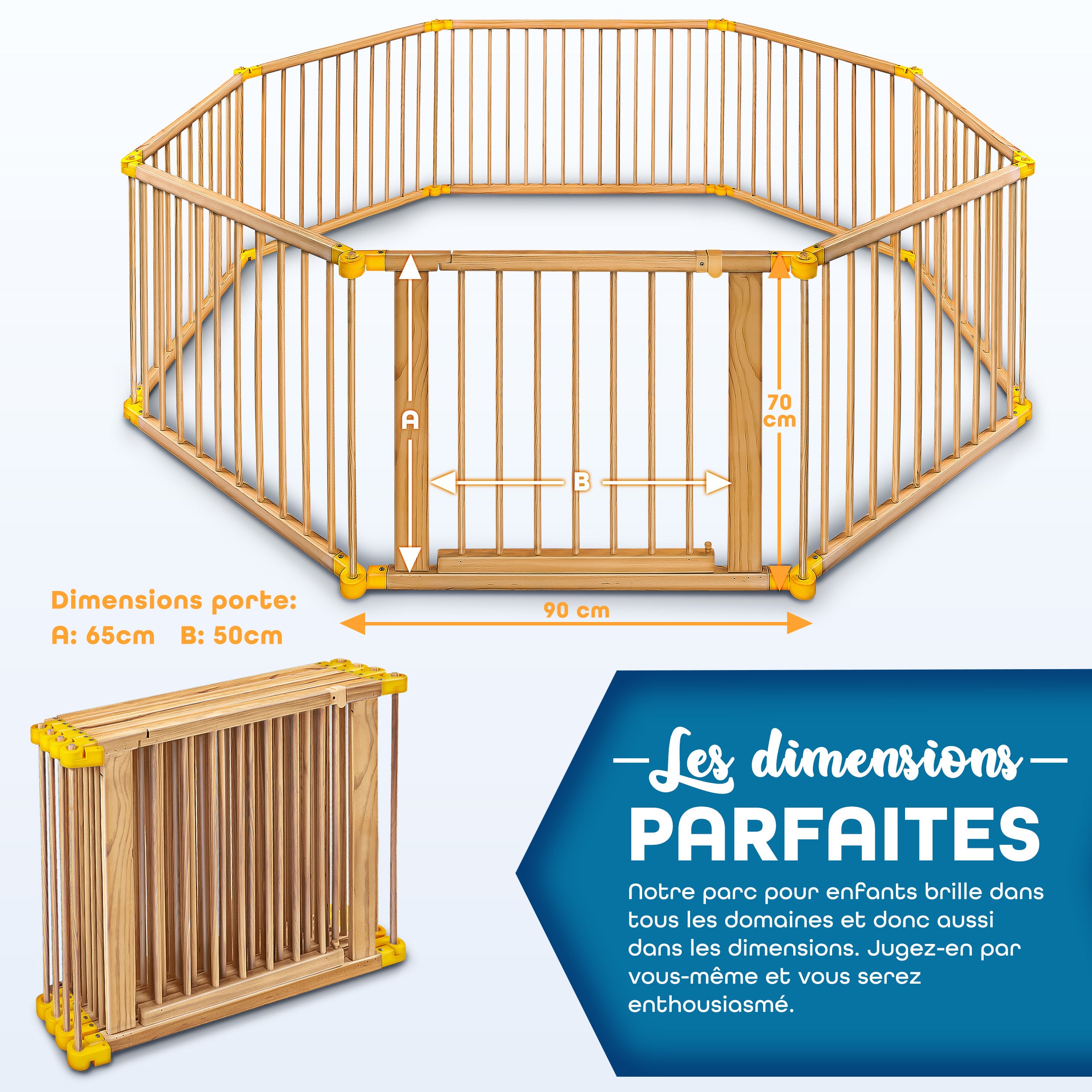 KIDUKU® Parc bébé pliable XXL de 7,2 mètres avec porte | Parc en bois avec double sécurité | Parc pliable pour enfants avec 8 éléments