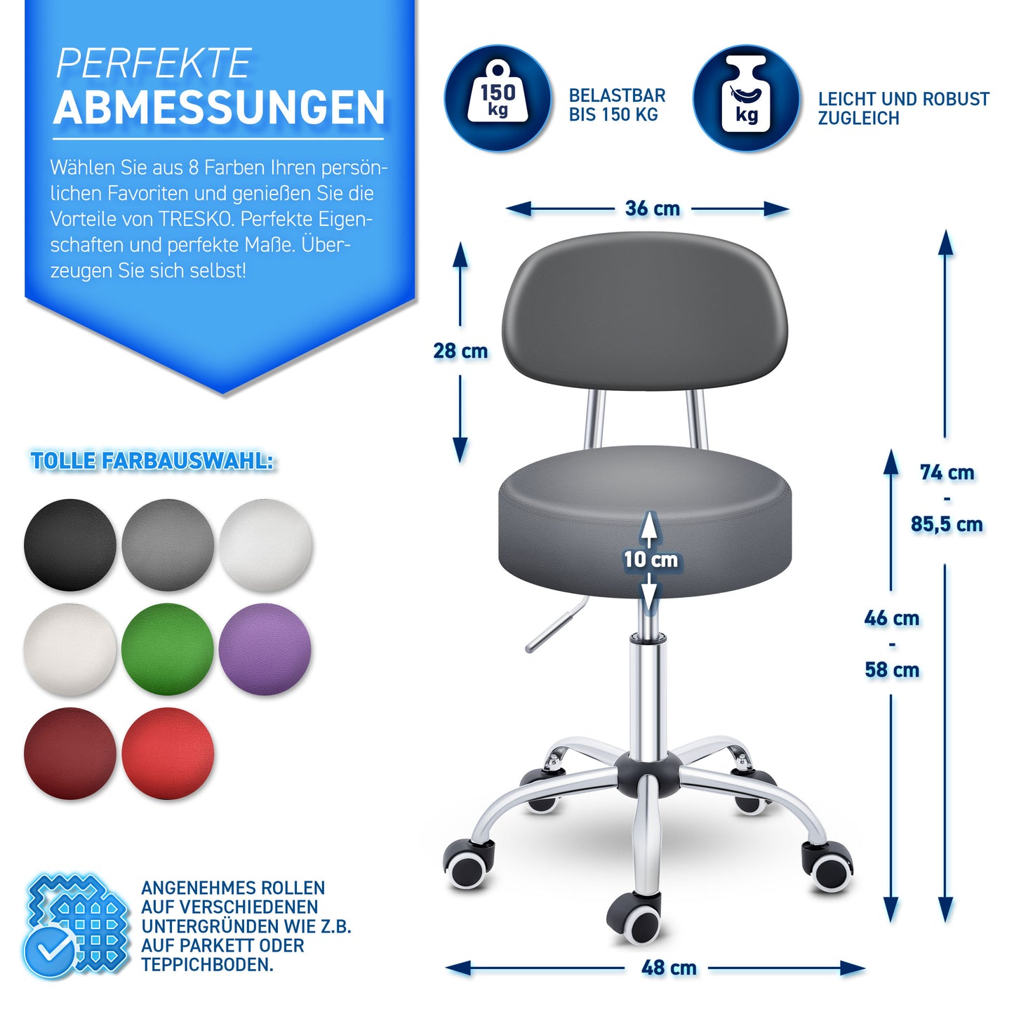 Tabouret Escalier TRESKO® avec Dossier 150 Kg | Tabouret de Travail Réglable en Hauteur 47-60 Cm | Tabouret Pivotant avec Roulettes | Tabouret Chaise de Bureau Chaise Pivotante