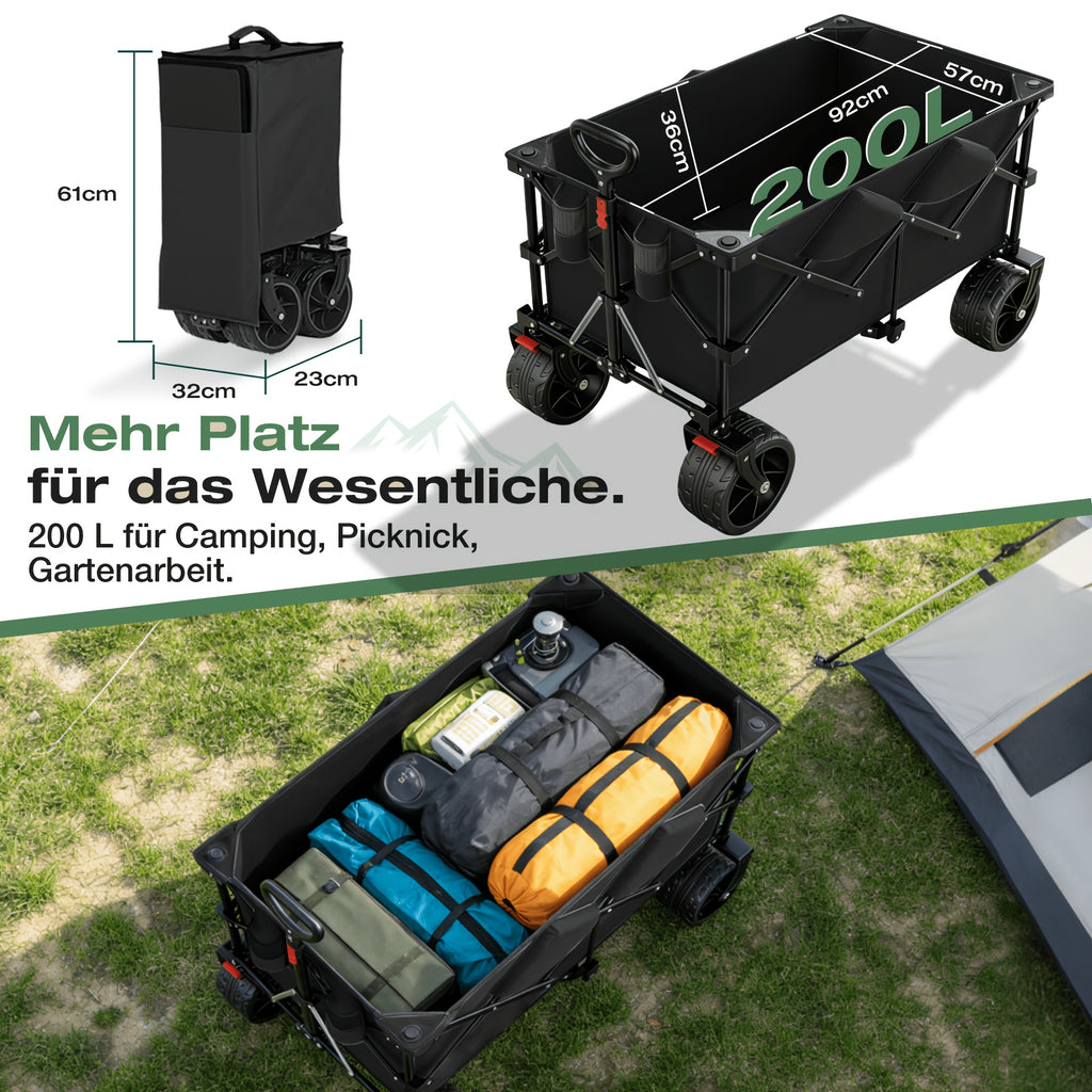Chariot Pliant XXL Plus 200L Capacité 200KG, Chariot Utilitaire avec Roues Tout-Terrain 17X10 Cm & Frein, Système de Pliage 4 Directions Vendu Sous Licence, Chariot Multi-Usage pour Plage, Camping, Jardin, Sports & Extérieur