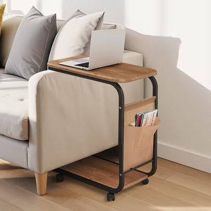 Table d'appoint roulante moderne en forme de C avec sac de rangement, roulettes silencieuses pivotantes à 360°, table d'appoint pour canapé et chevet, parfaite pour votre salon, camping-cars, chambres, maisons et bureaux