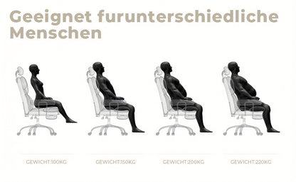 Chaise de Bureau Ergonomique 200kg, Fauteuil d'Ordinateur avec Support Lombaire et Pouf, Chaise Haute Dossier Élevable pour Table Bureaux Noir