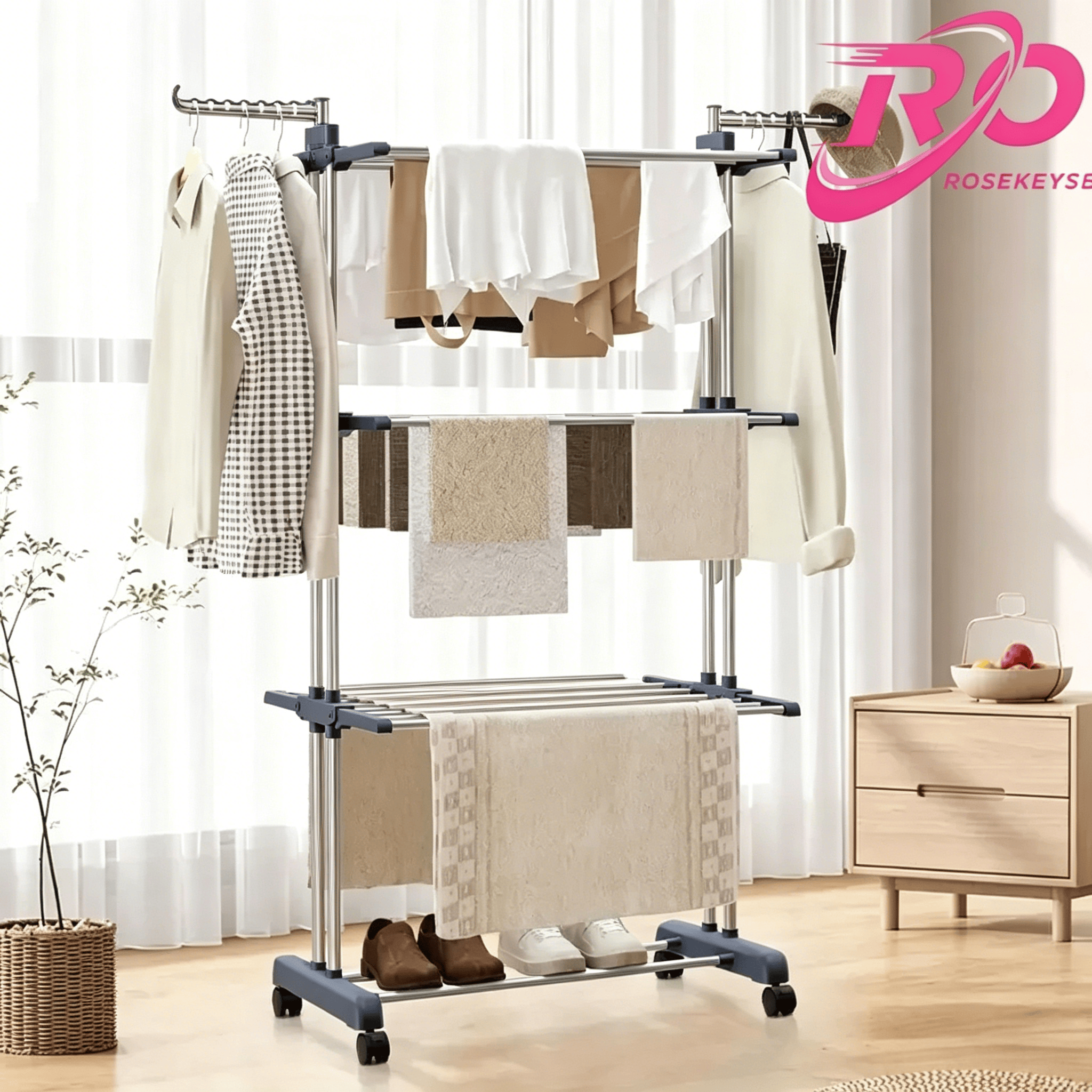 Étagère à vêtements à plusieurs niveaux avec éléments amovibles pour un rangement peu encombrant. Fabriquée en acier inoxydable pour une capacité de charge élevée. Avec étagère plate et roues rotatives à 360° - Rotation à 360° - Protection contre le bascu
