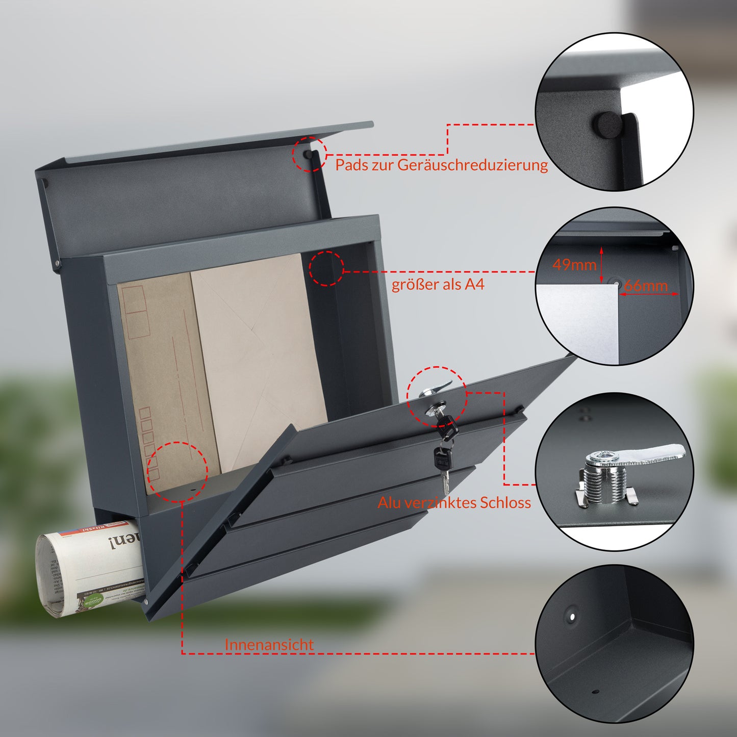 MONZANA® XXL Boîte aux Lettres avec Compartiment pour Journal, Verrouillable, 2 Clés Incluses - Matériel d'Assemblage en Acier Moderne et Simple – Mur à Rouleau de Papier Antracite