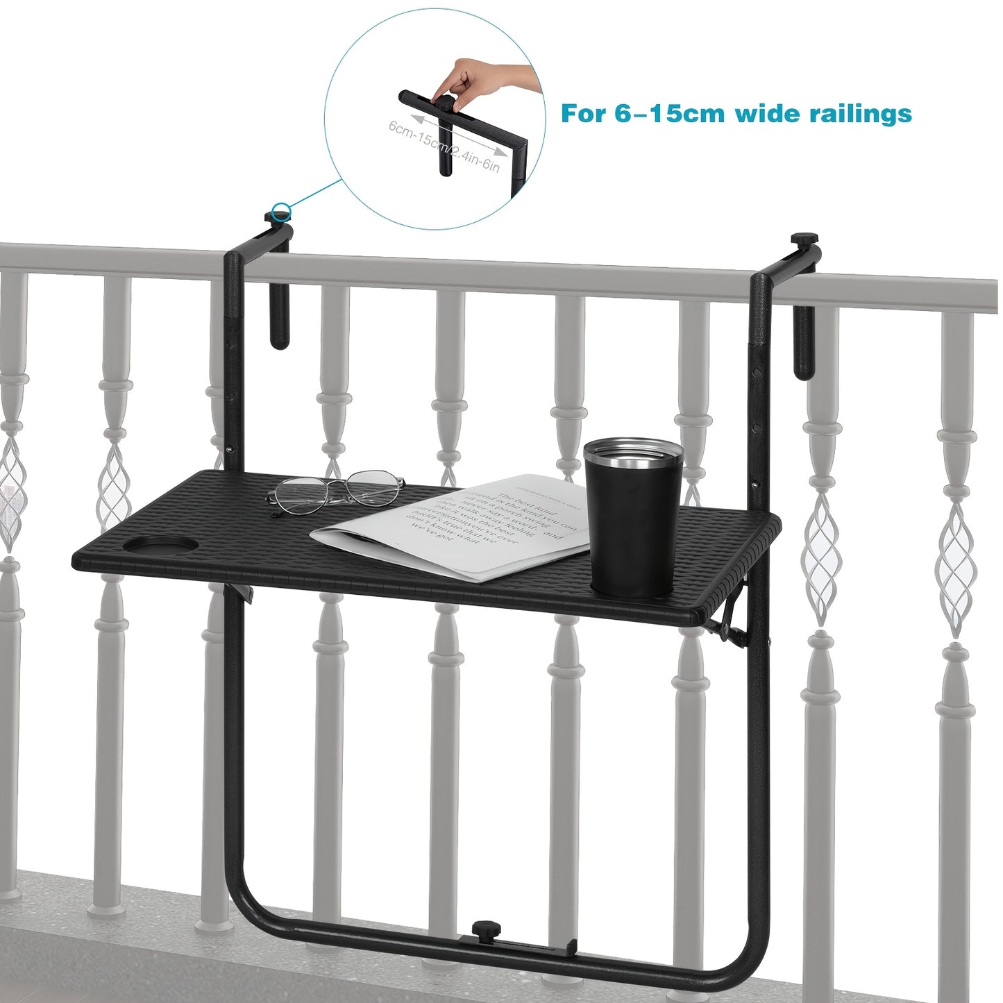 1pc Table de patio pour mobilier d'extérieur, table pliante, table de camping, table suspendue pour balcon avec rainures de placement pour tasse d'eau, table suspendue stable pour balustrade de balcon, table pliante, 3 niveaux de hauteur, plateau de 60 x