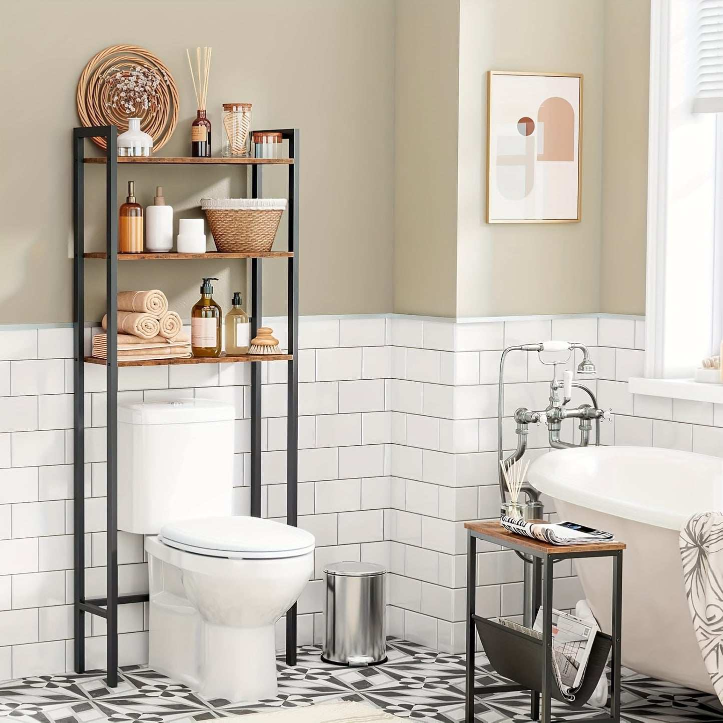 Étagère de rangement au-dessus des toilettes, 3 niveaux, marron campagne, taupe, étagères au-dessus des toilettes, étagère de rangement au-dessus des toilettes pour salle de bain peu encombrante, facile à assembler