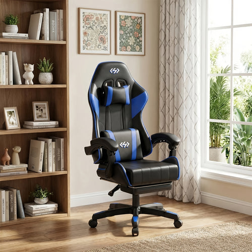 Fauteuil de gaming ergonomique avec rembourrage à ressorts ultra-doux, chaise de bureau avec appui-tête et soutien lombaire, inclinaison et repose-pieds réglables, en simili-cuir durable, cadeaux pour petit ami