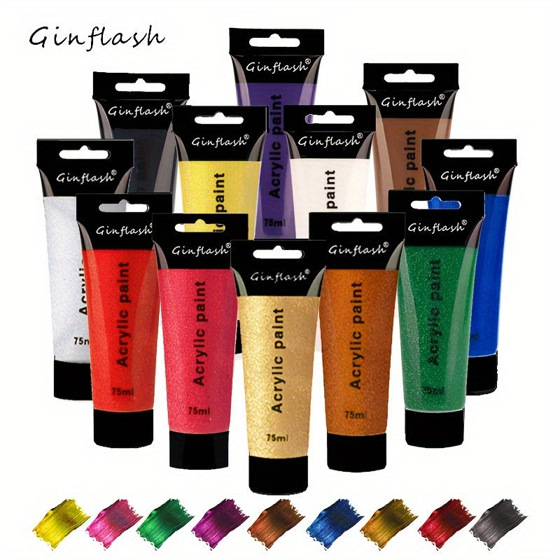Ginflash Set de 12/24 couleurs 75ml/tube Pigment Acrylique Pailleté/Métallique Normal pour Art, Dessin, Peinture Murale DIY, Tissu et Fournitures Artistiques
