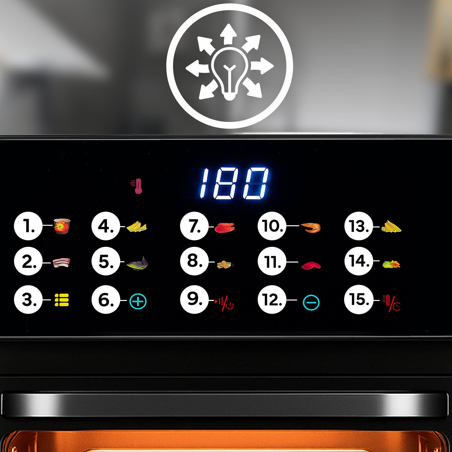 Friteuse à air sans graisse 12L, four multifonctionnel 1350W, 10 modes de cuisson, écran LED tactile, contrôle du temps et de la température 80-200°C, circulation d'air chaud, fenêtre de visualisation avec éclairage, nettoyage facile, ensemble avec gant e