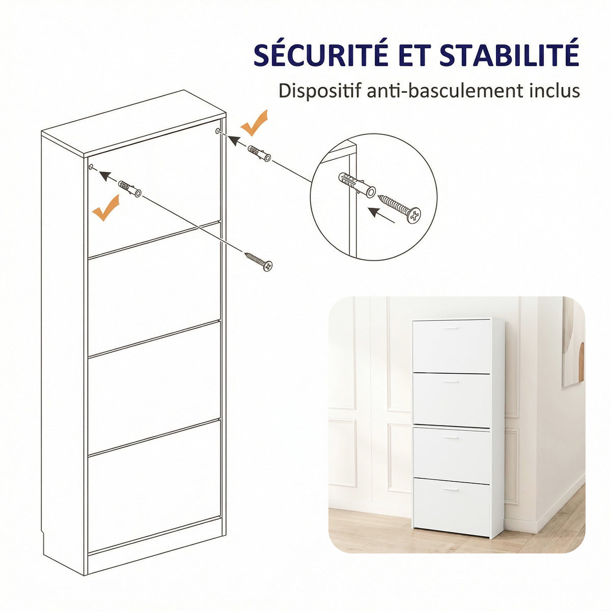Meuble à chaussures avec 4 compartiments à rabat, armoire à chaussures en bois pour jusqu'à 24 paires, organisateur d'entrée peu encombrant