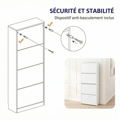 Meuble à chaussures avec 4 compartiments à rabat, armoire à chaussures en bois pour jusqu'à 24 paires, organisateur d'entrée peu encombrant