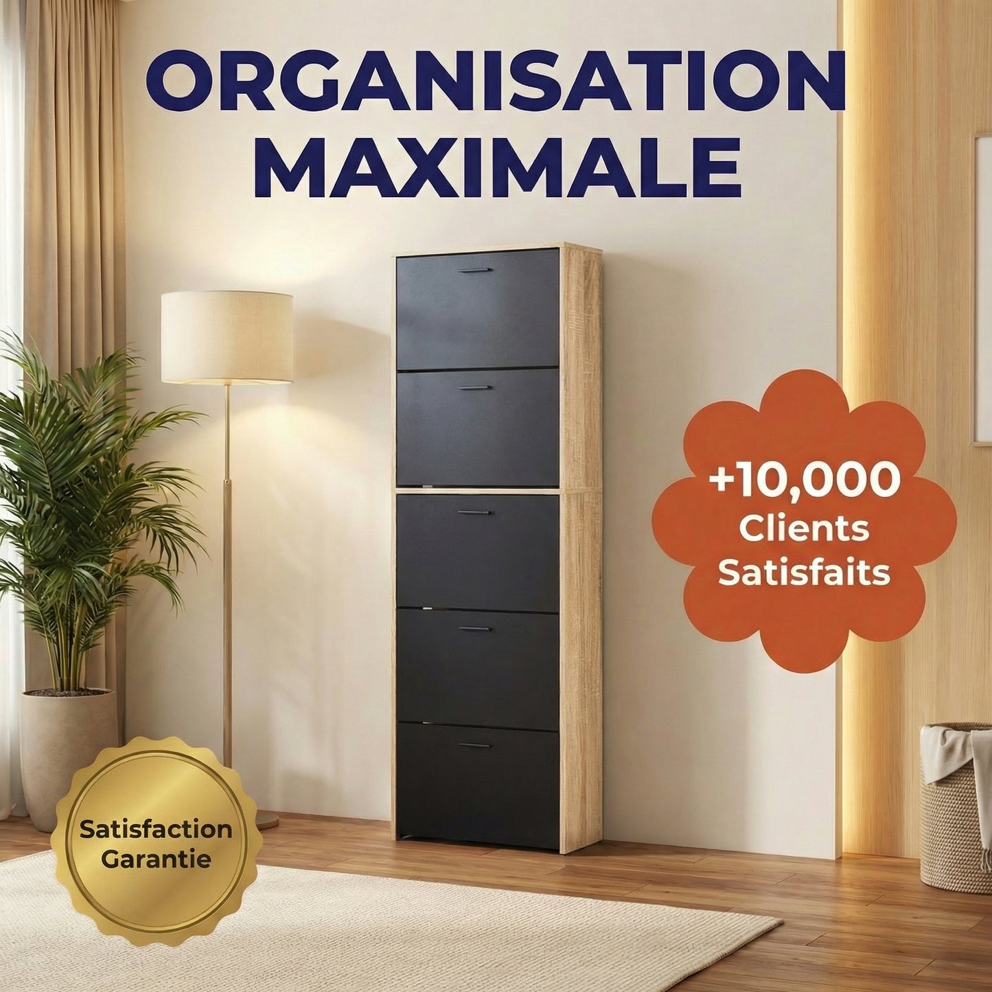 Meuble à chaussures fin avec 5 compartiments à rabat, armoire à chaussures en bois pour jusqu'à 15 paires, organisateur d'entrée peu encombrant