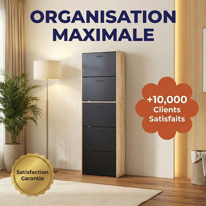 Meuble à chaussures fin avec 5 compartiments à rabat, armoire à chaussures en bois pour jusqu'à 15 paires, organisateur d'entrée peu encombrant